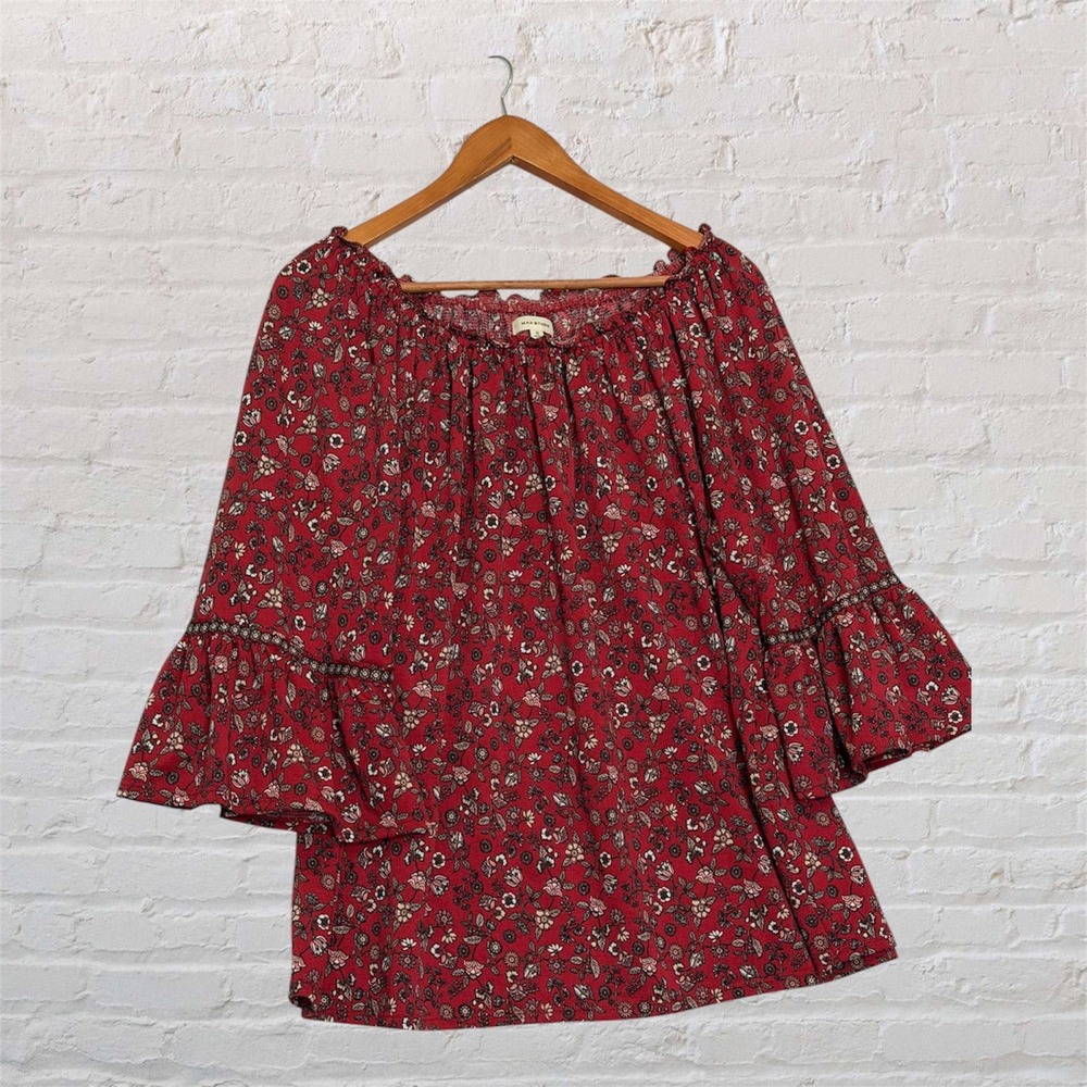 Max Studio Red Floral Bell Sleeve Off Shoulder Peasant Blouse 1X